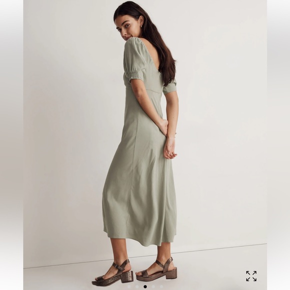 Madewell Womens sweet heart puff-sleeve green‎ midi dress size small EUC - Picture 2 of 6